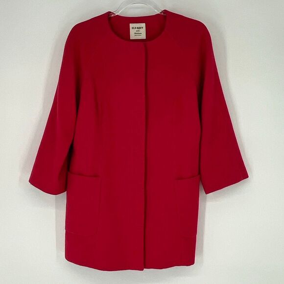 OLD NAVY Women’s Wool-Blend Coat Med Red Lined Patch Pockets Minimalist Style - Picture 3 of 15